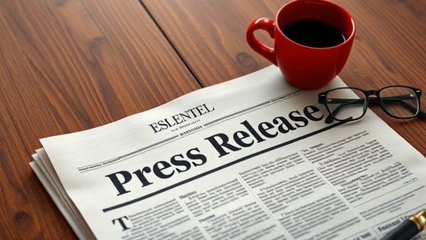 Press release newspaper on table with coffee and glasses