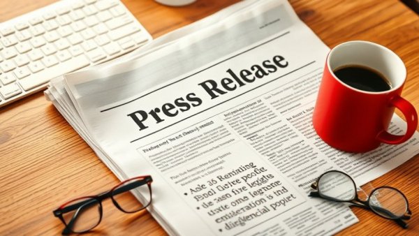 Press release with coffee cup and glasses on desk.