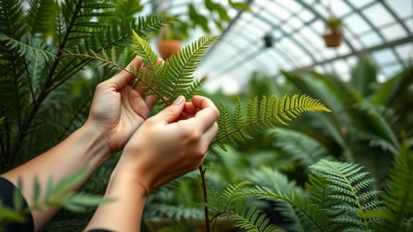 Hands tending foxtail ferns in greenhouse, care for foxtail ferns in winter