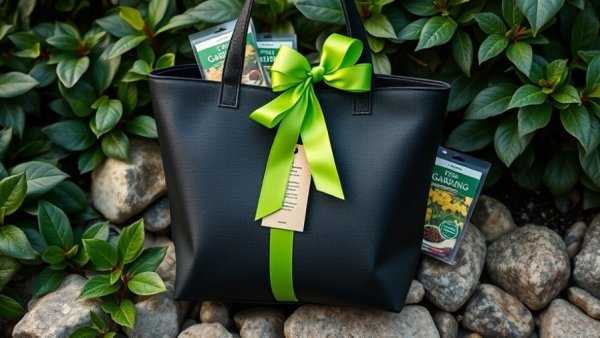 Black Friday gardening gifts tote with seed packs and ribbons in a rock garden.