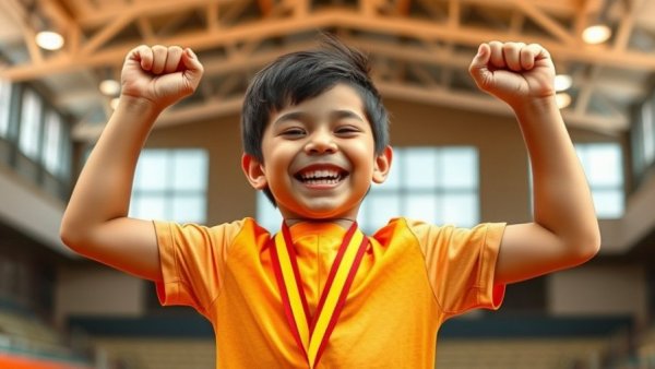 Young boy celebrating with medal indoors, related to karate dojos in Gurnee.