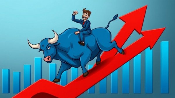 Illustrative VOO vs QQQ investment comparison featuring a bullish blue bull and market growth.