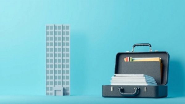 Minimalistic 3D rendering of a building and briefcase symbolizing finance.