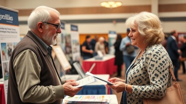 Senior wellness expos showcase with people interacting at an info booth.