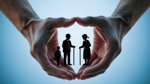 Symbolic image of protection for seniors, hands sheltering icons.