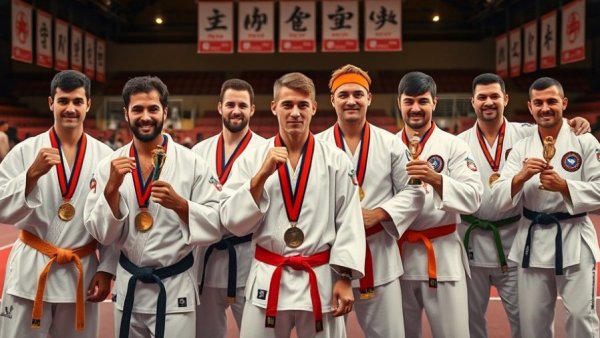 Karate tournament winners in Penhold with trophies and medals.