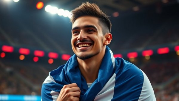 Fighter smiling post-match in an arena with dynamic lighting.