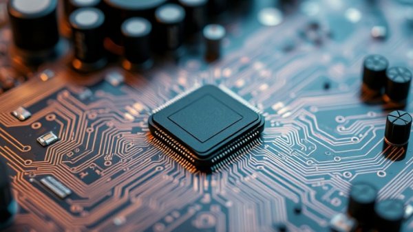 Modern microchip on circuit board representing stretchable transistors in healthcare.