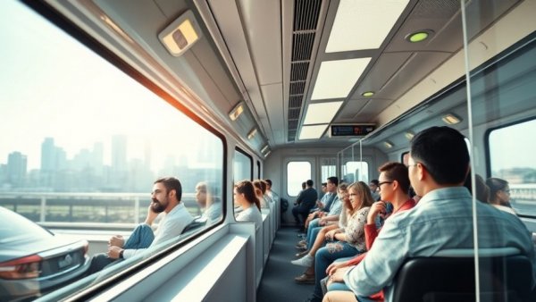 Passengers in modern train cabin observing city skyline.