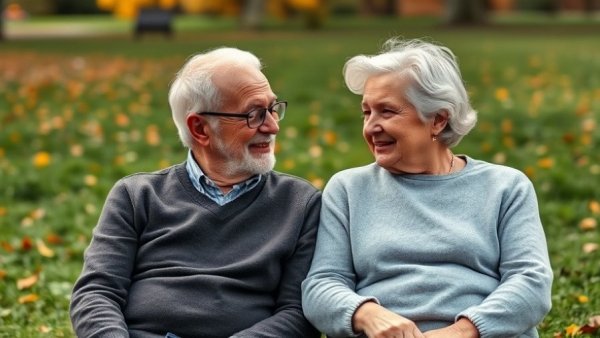 Elderly support services Muskegon park scene with elderly man and woman.