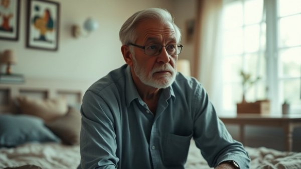 Older man reflecting in bedroom, early detection Alzheimer's disease context.