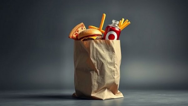 Creative depiction of ultraprocessed foods overflowing a head-shaped paper bag.
