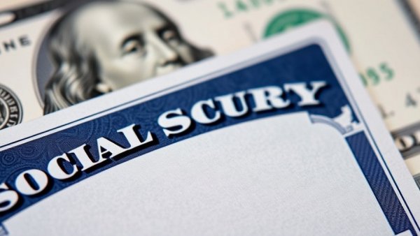 Close-up of Social Security card with dollar bill.