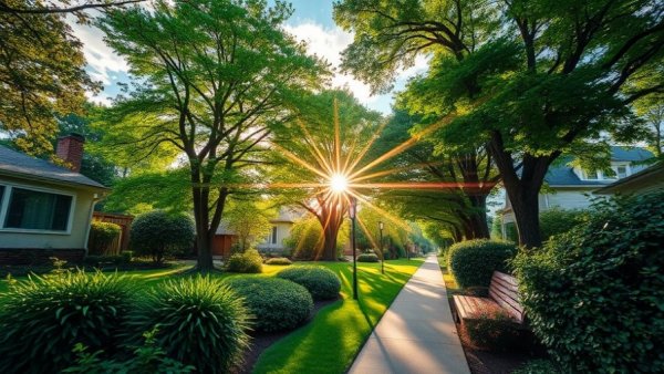Proactive Tree Maintenance for Fire Safety: Sunlit suburban garden with trees.