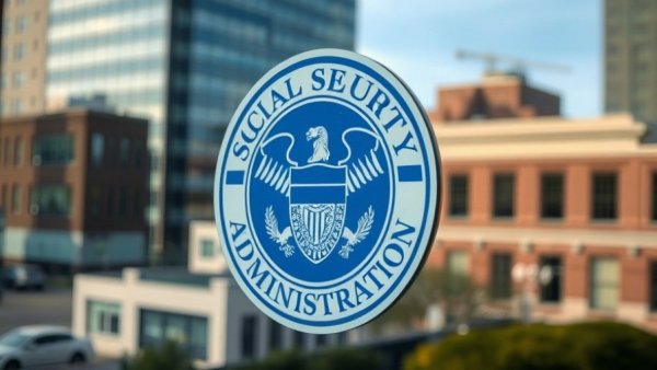 Social Security Administration logo on window reflecting cityscape.