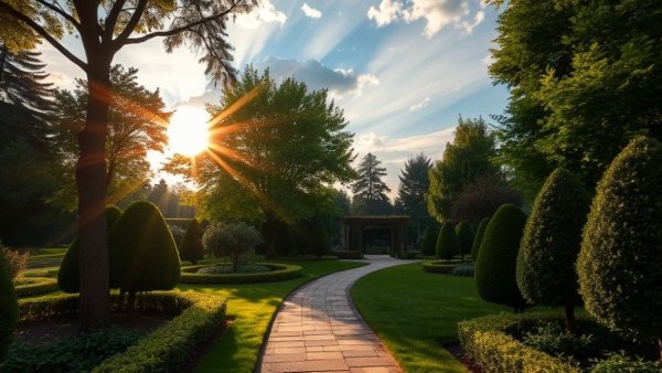 Garden path with trees and sunbeams, fire safety tree maintenance.