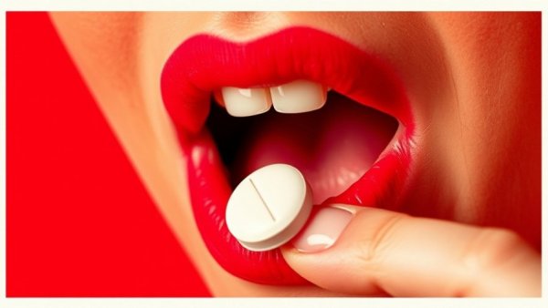 Artistic image of birth control pills and mouth, bright red background.