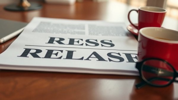 Press release on wooden desk with coffee and glasses.
