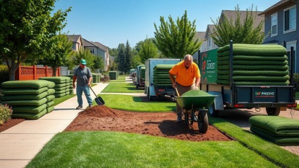 Professional sod installation services in St Johns County, workers laying sod.