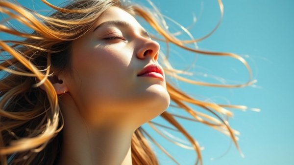 Serene woman with eyes closed under clear sky, disordered eating vs eating disorder concept.