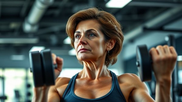 Middle-aged woman lifting weights confidently in a gym setting.