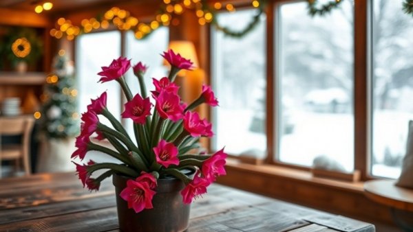 Thanksgiving cactus lighting trick with star lights and blooms by a window.