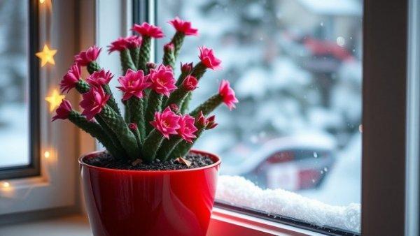 Christmas cactus light needs: vibrant blooms by a snowy window.
