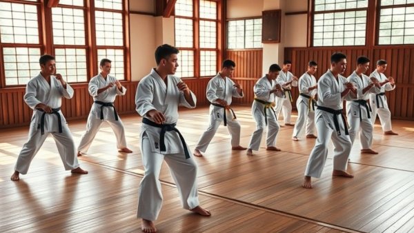 Karate students practicing stances in a sunlit dojo.