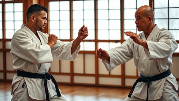 Traditional karate training in Japan, martial artists practicing in a dojo.