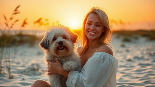 Smiling woman with fluffy dog at Muskegon beach sunset, how do dogs age in human years.