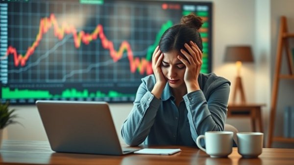 Distressed woman looking at stock chart drop in home office.