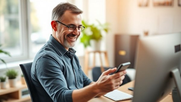 Middle-aged man smiles at smartphone in home office, eToro stock price surge.