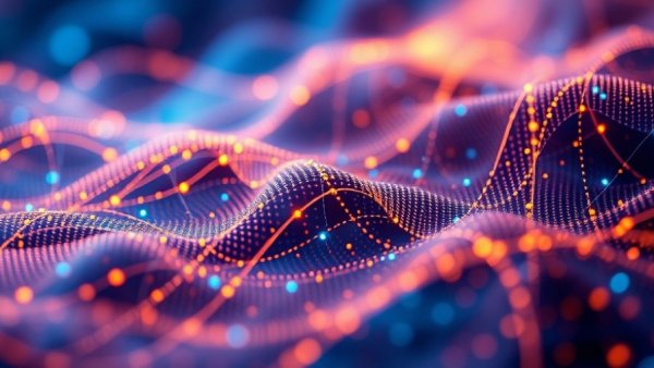 Futuristic digital mesh illustrating IonQ stock drop dynamics.