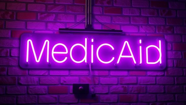 Purple neon 'MEDICAID' sign on brick wall for Medicaid managed-care contract Molina Healthcare Florida.
