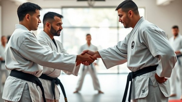 Karate governance issue depiction with martial artists in handshake.