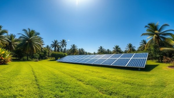 Spacious green lawn with solar panels in Delray Beach, ideal for lawn care.
