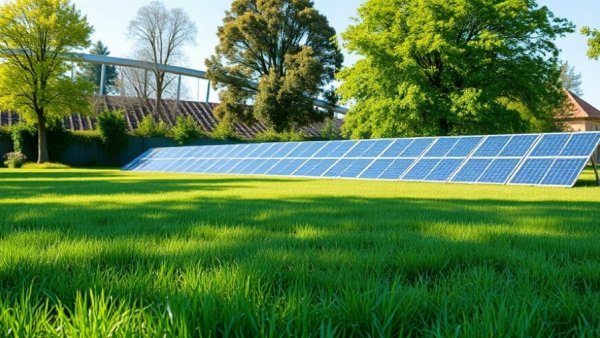 Lawn care Delray Beach FL scene with solar panels and lush greenery.