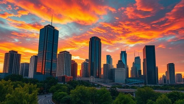 Vibrant urban skyline at sunset with skyscrapers and greenery.