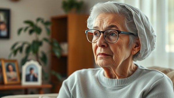 Thoughtful elderly woman sitting in a secure, cozy living space.