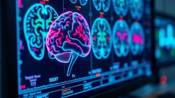 Brain scans analysis for Alzheimer's Disease cure on computer monitor.