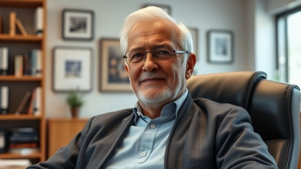 Relaxed man in office setting with bookshelf and decor.