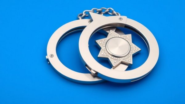 Police badge and handcuffs on blue background for police blotter.