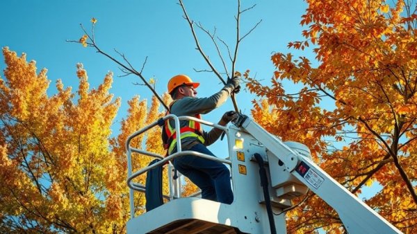 Arborist trimming tree branches from lift, autumn sky background - tree care tips for homeowners.