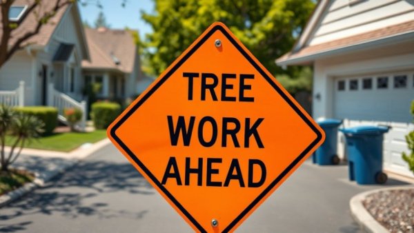 Caution sign for tree trimming services in Scottsbluff NE suburb.