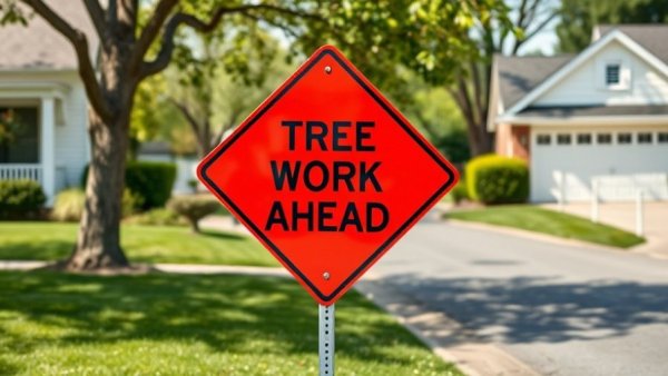 Tree trimming sign in Scottsbluff neighborhood with garage and lawn.