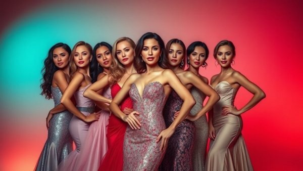 Glamorous women in evening wear, vibrant gradient backdrop.