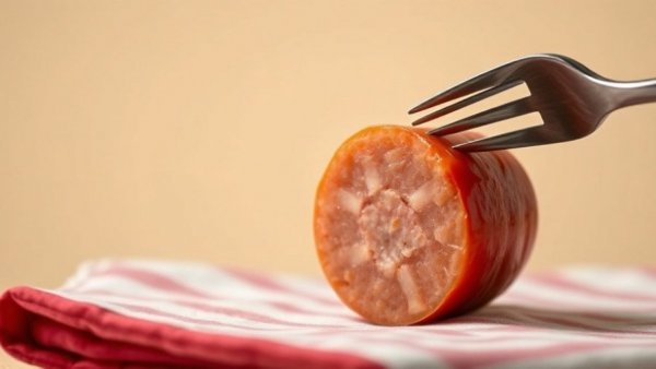 Sealed sausage with fork highlighting ultraprocessed foods colorectal cancer risks.