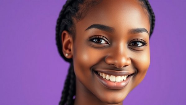 Close-up of a smiling woman with braids against a solid purple background.