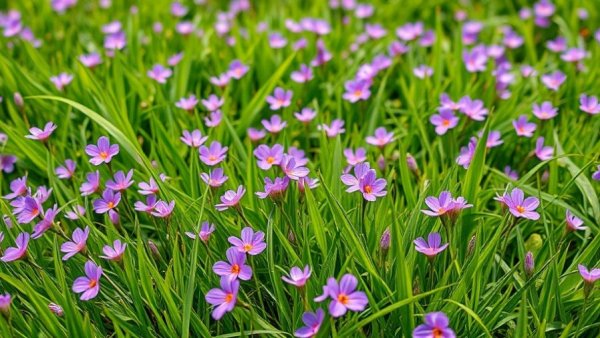 Lush garden with purple flowers and green grass, Muskegon lawn care.