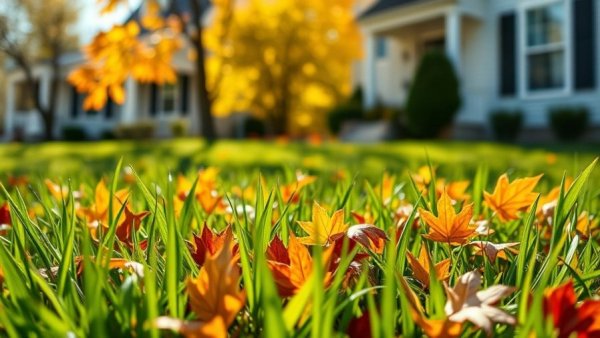 Close-up of autumn leaves among green grass, fall lawn care scene.